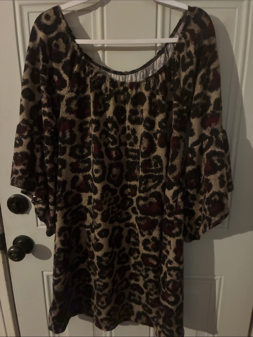 Leopard Print Long Sleeve Dress in Tan, Black & Burgundy